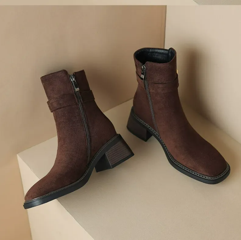Women's Block Heel Size 3 Suede Boots With Side Zipper MS582