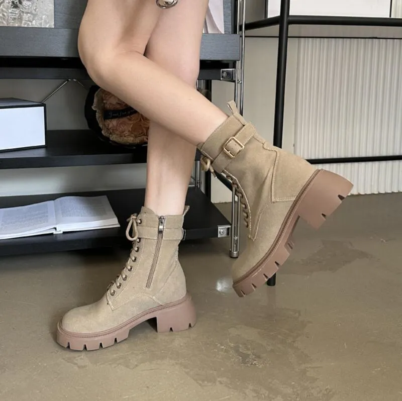 Women's Small Size Thicksole Lace Up Block Short Boots MS315