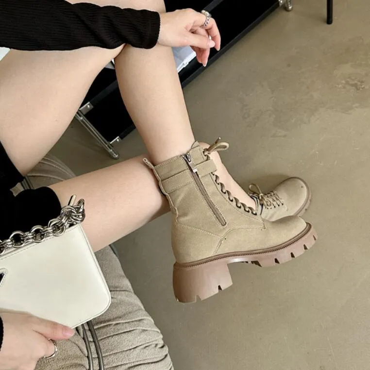 Women's Small Size Thicksole Lace Up Block Short Boots MS315