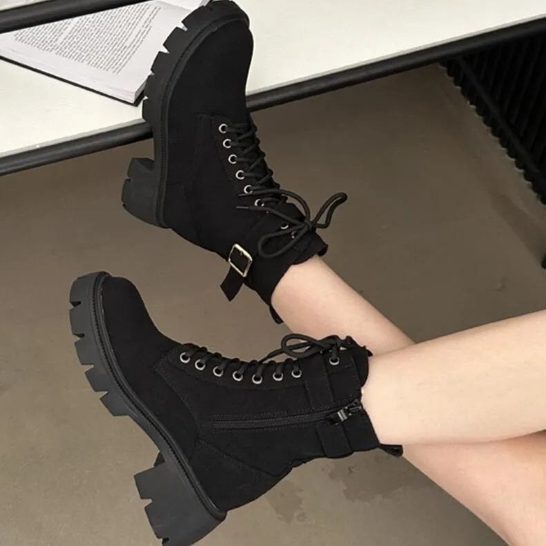 Women's Small Size Thicksole Lace Up Block Short Boots MS315