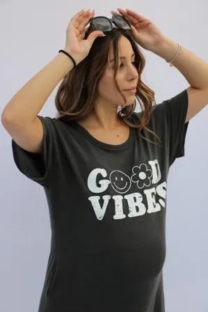Women's solid dark grey maxi dress with side pockets and "Good Vibes" print