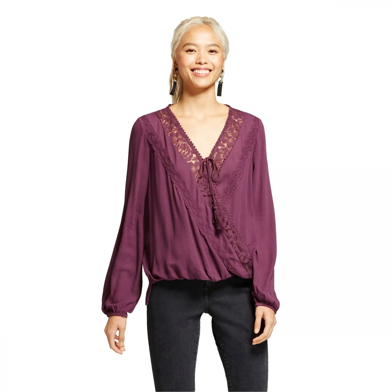 Xhilaration Women's Long Sleeve Crochet-Trim Surplice Top Purple