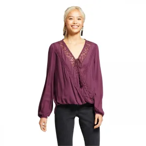 Xhilaration Women's Long Sleeve Crochet-Trim Surplice Top Purple