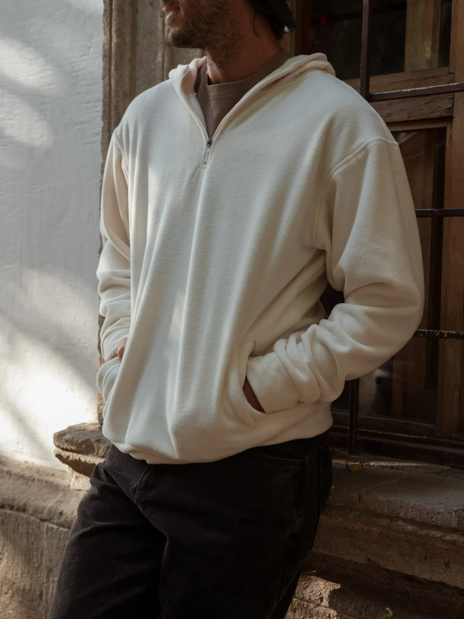 ZIP COLLAR COZY HOODIE - CREAMY