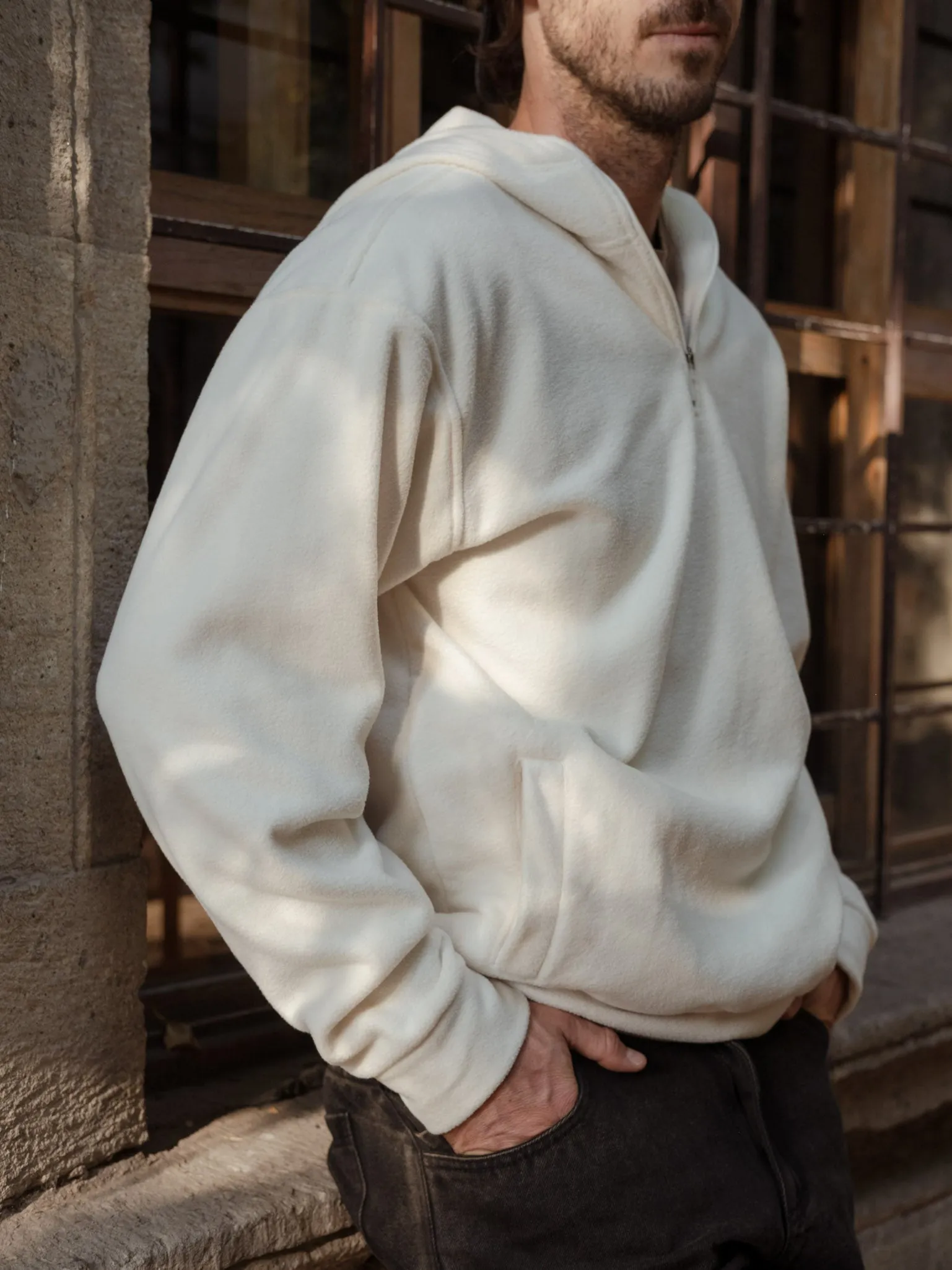 ZIP COLLAR COZY HOODIE - CREAMY
