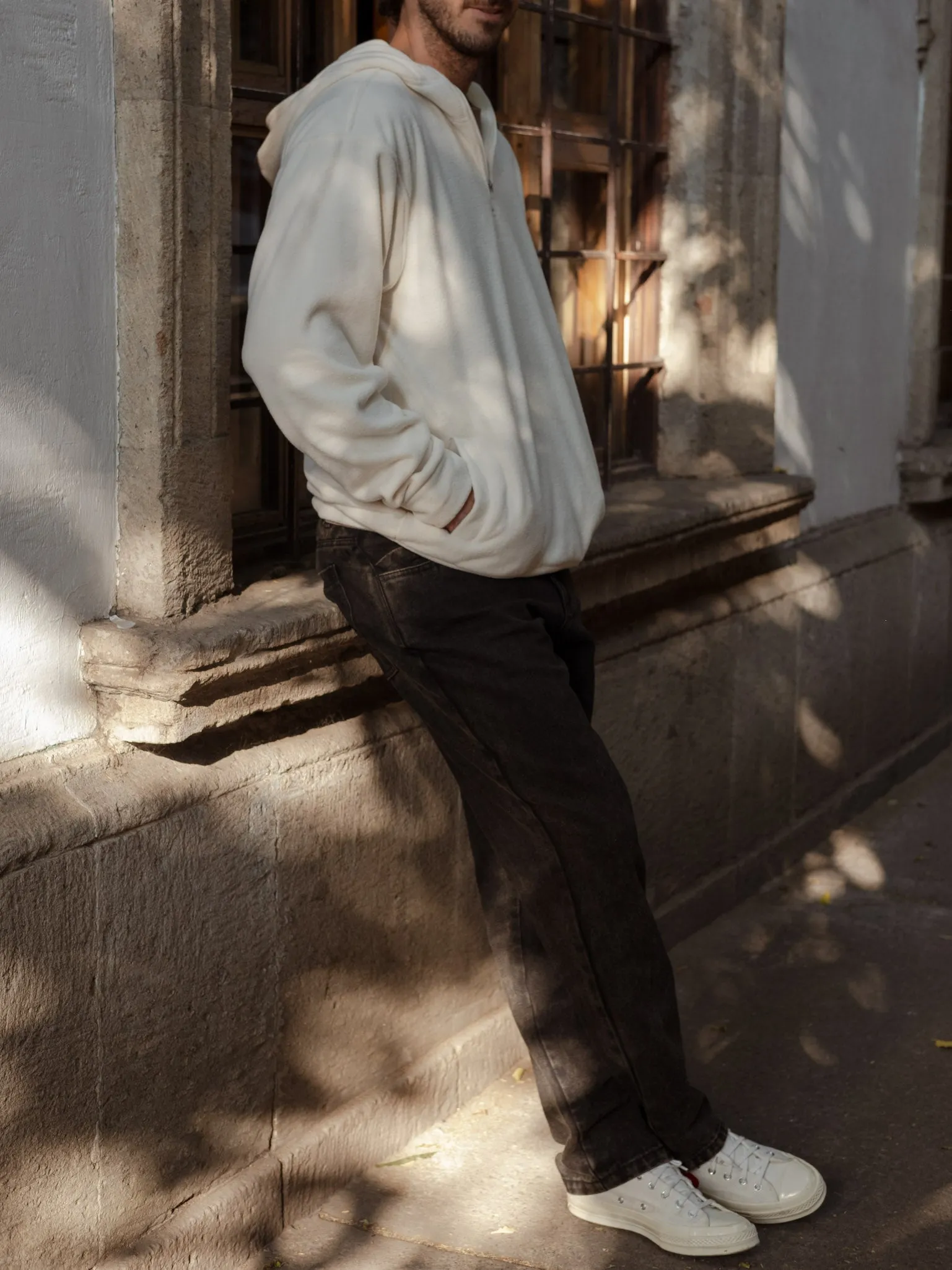 ZIP COLLAR COZY HOODIE - CREAMY