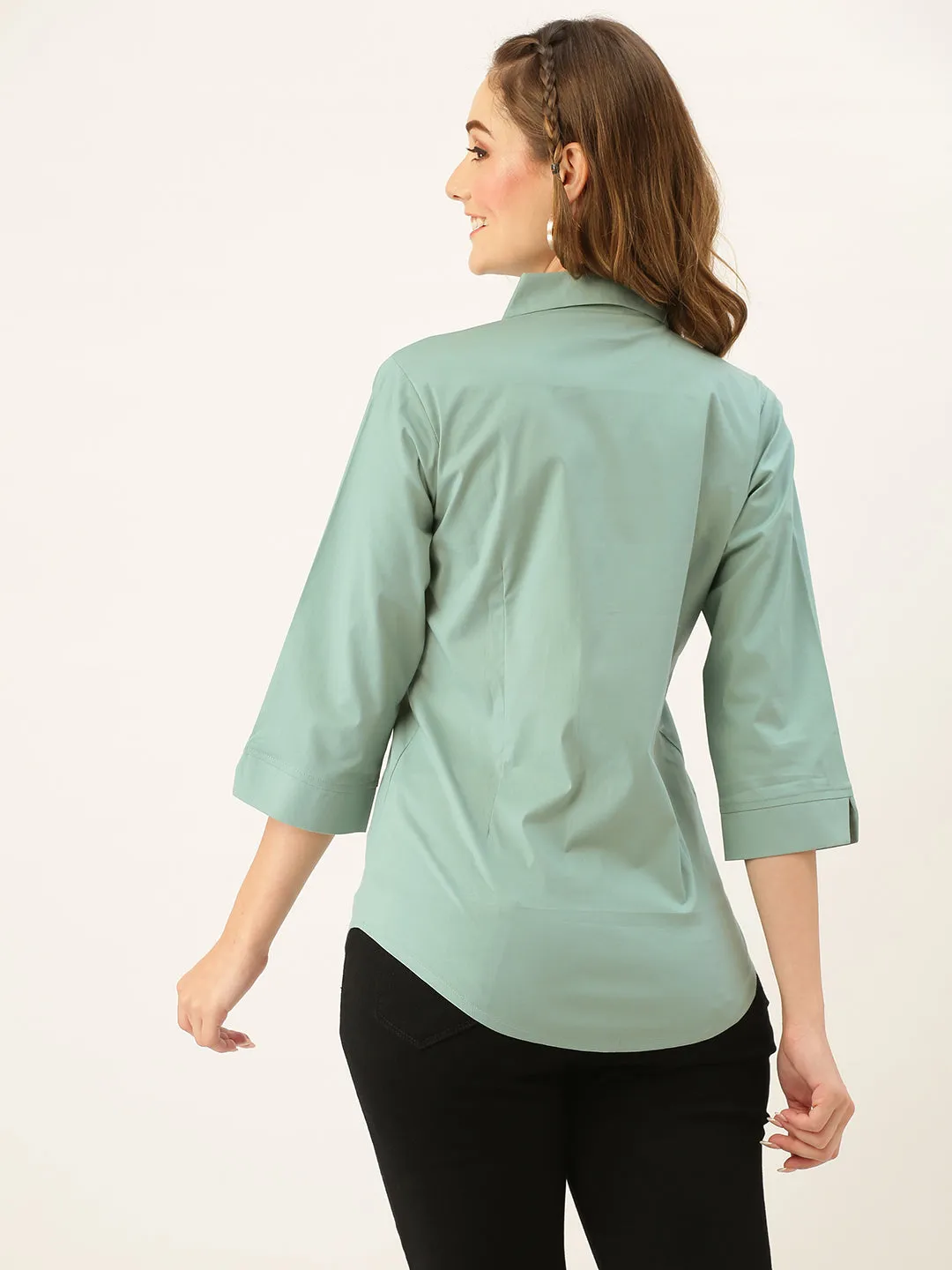 Zola Teal Cotton Shirt Collar 3/4th Sleeves Formal Wear Shirt For Women
