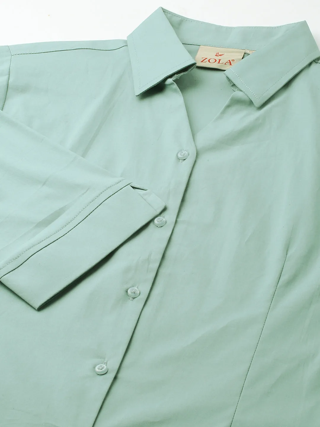 Zola Teal Cotton Shirt Collar 3/4th Sleeves Formal Wear Shirt For Women