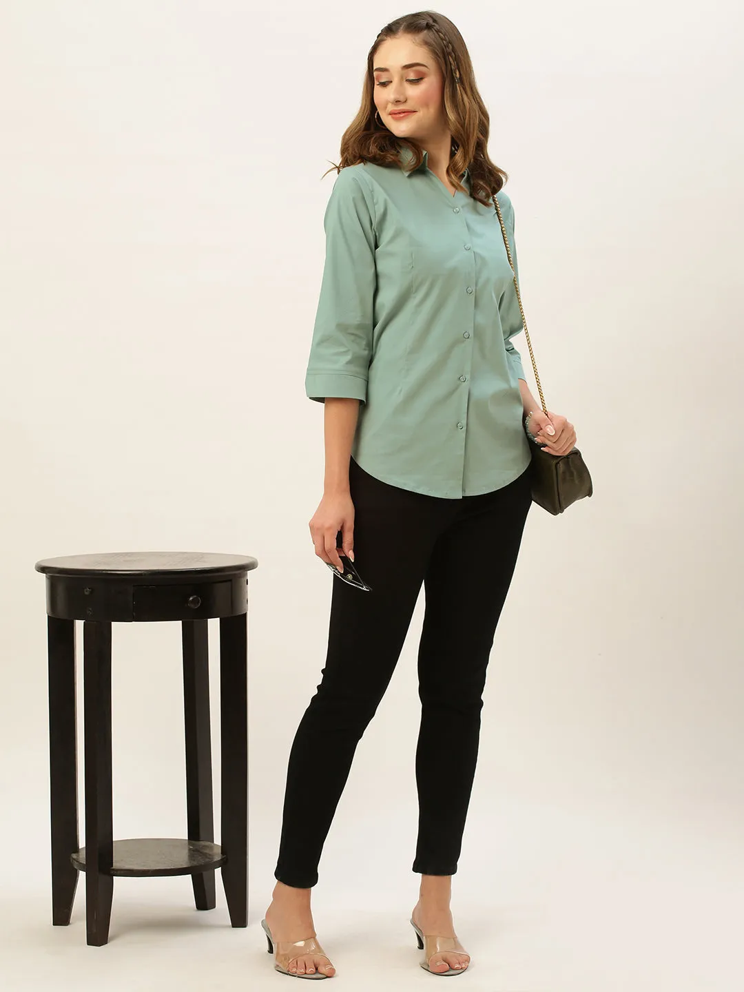 Zola Teal Cotton Shirt Collar 3/4th Sleeves Formal Wear Shirt For Women