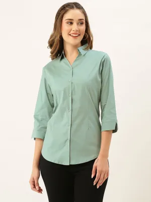 Zola Teal Cotton Shirt Collar 3/4th Sleeves Formal Wear Shirt For Women