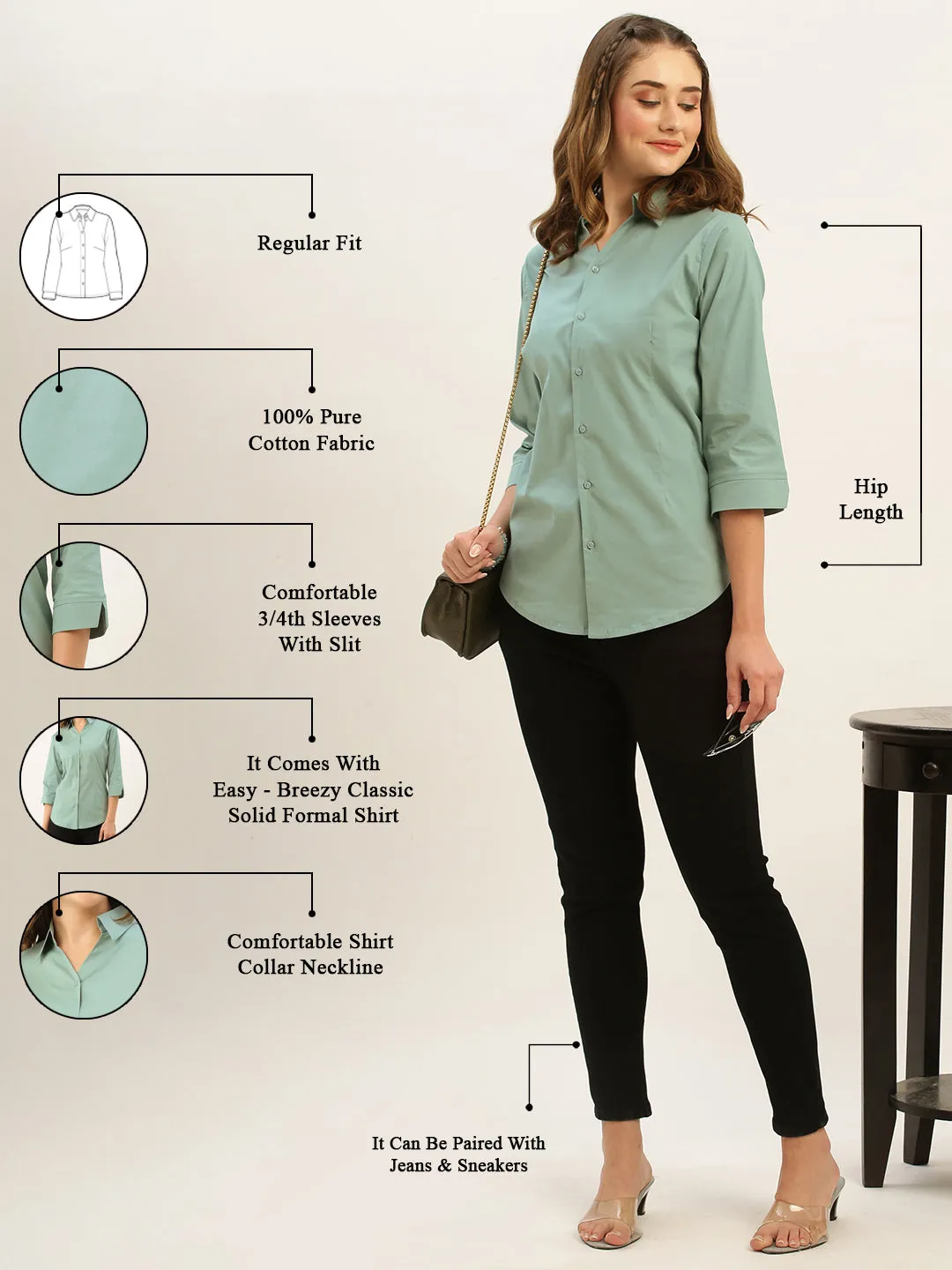 Zola Teal Cotton Shirt Collar 3/4th Sleeves Formal Wear Shirt For Women
